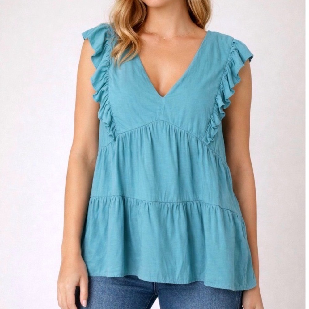 Umgee Fits Large Turquoise Blue/Green Ruffle‎ Tiered Babydoll V-Neck Top WK5418